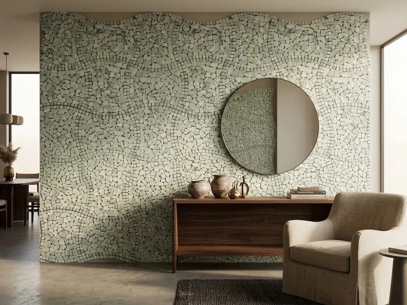 Tumbled Light Marble Mosaic shown in a supplied interior design visualization with irregular light mosaic wall coverage