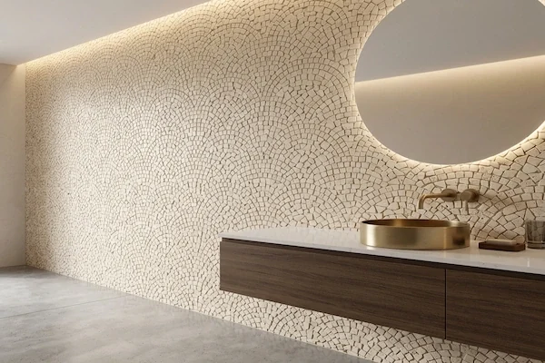 Tumbled Light Marble Mosaic module arrangement shown in a supplied interior design visualization image