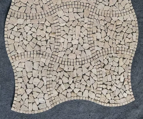 Tumbled Light Marble Mosaic sheets shown in a supplied dry-lay sheet reference image