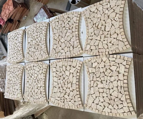 Tumbled Light Marble Mosaic modules shown in a supplied packing layout reference image