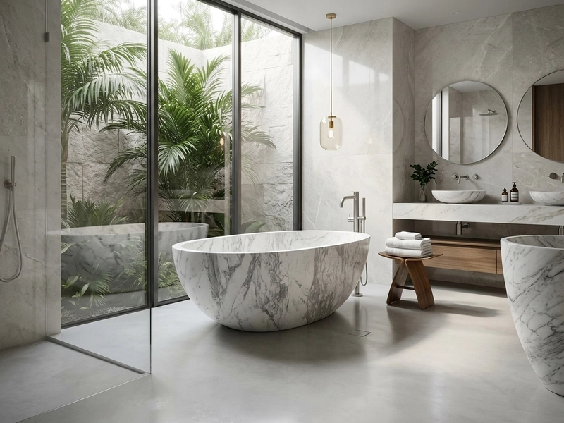 Architectural Design Visualization of an oval Volakas White marble freestanding bathtub in a bright bathroom setting