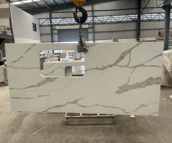 White Calacatta Quartz Kitchen Top sink and faucet cut-out layout shown as a supplied fabrication reference