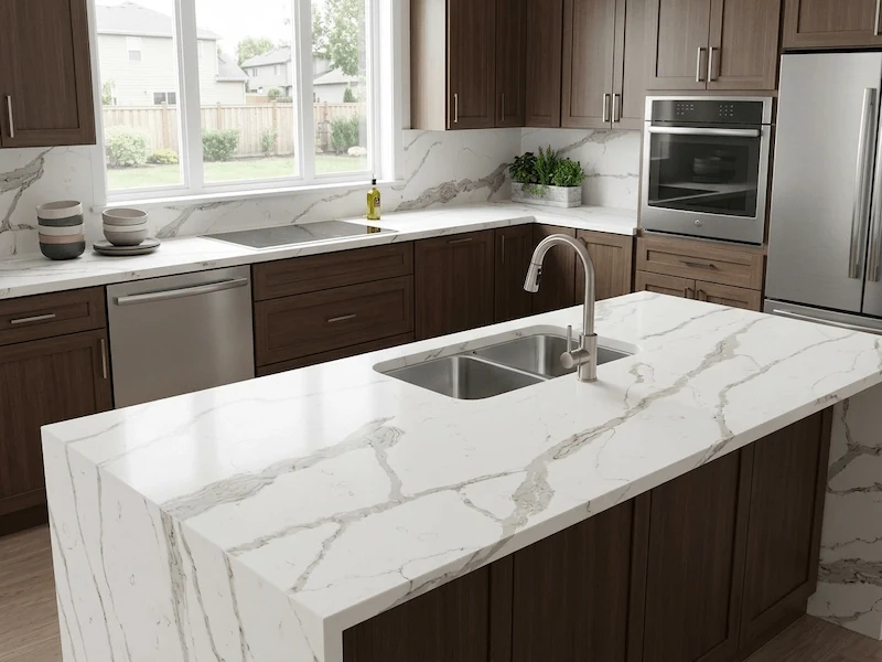 White Calacatta Quartz Kitchen Top in a supplied kitchen application image, showing a white engineered quartz surface with grey Calacatta-style veining