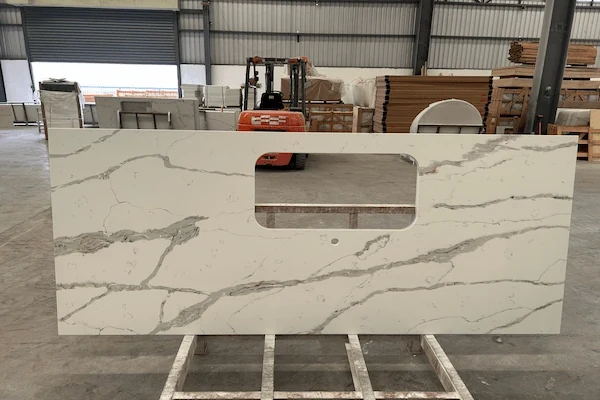 White Calacatta Quartz Kitchen Top cut-to-size countertop panel with a sink cut-out in a supplied factory fabrication image