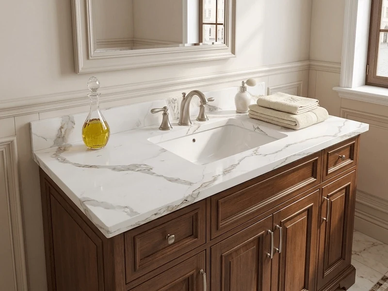 White Calacatta Quartz Vanity Top in a supplied bathroom vanity application image