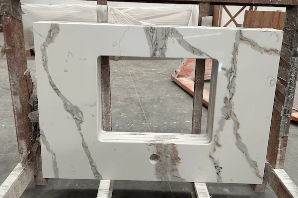 White Calacatta Quartz Vanity Top cut-to-size vanity top component prepared for dimensional and layout review in a supplied factory image