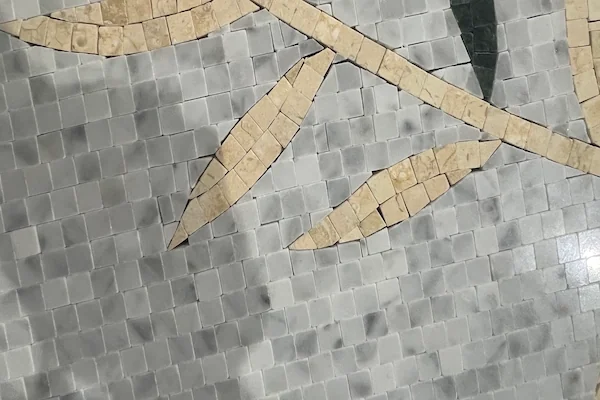 White & Grey Bamboo-Leaf Marble Mosaic close-up shown in a supplied botanical motif detail reference image