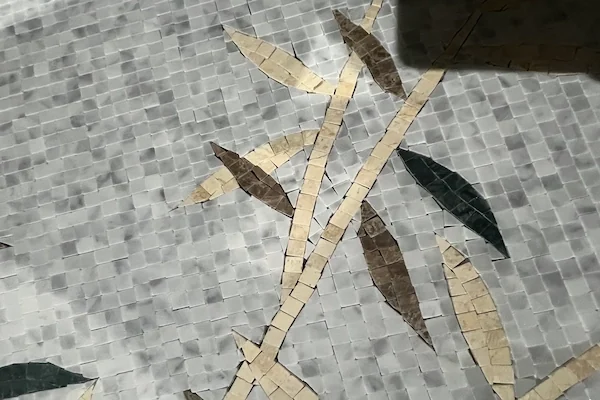 White & Grey Bamboo-Leaf Marble Mosaic close-up shown in a supplied branch detail reference image