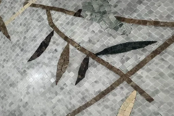 White & Grey Bamboo-Leaf Marble Mosaic close-up shown in a supplied leaf pattern reference image