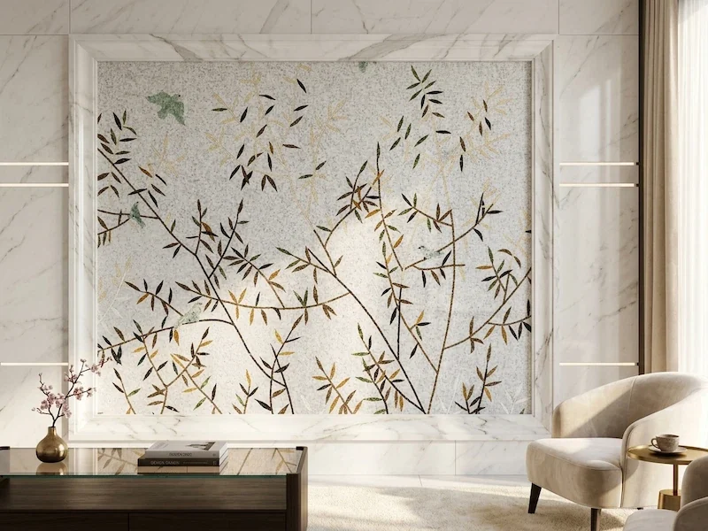 White and Grey Bamboo-Leaf Marble Mosaic shown in a supplied design visualization with a botanical wall panel