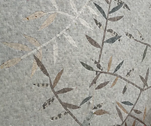 White & Grey Bamboo-Leaf Marble Mosaic panel shown in a supplied flat-laid sample reference image