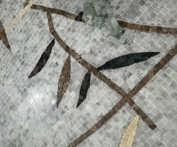 White & Grey Bamboo-Leaf Marble Mosaic panel shown in a supplied foliage motif reference image