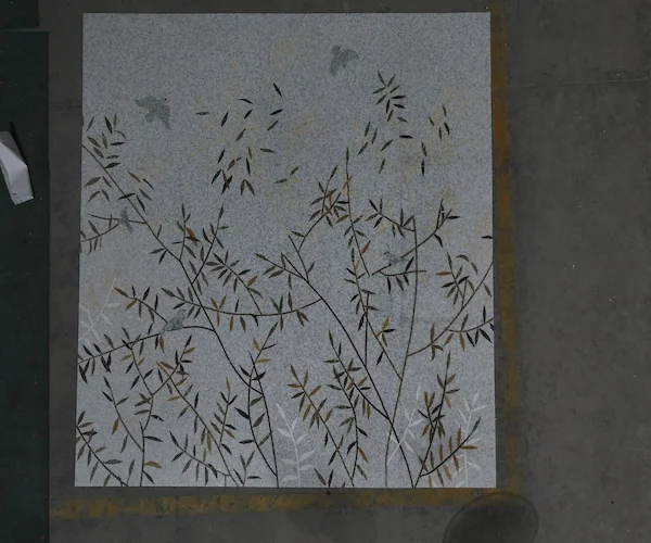White & Grey Bamboo-Leaf Marble Mosaic panel shown in a supplied panel display reference image