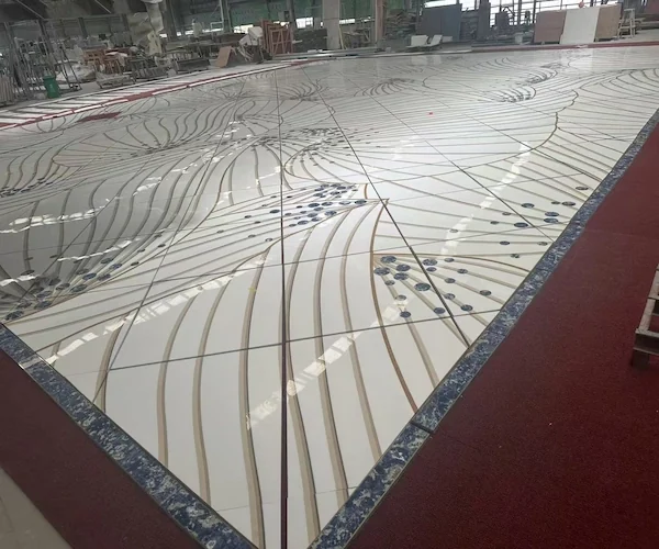 White Marble Waterjet Inlay with Blue Accents shown in a supplied pattern alignment reference image
