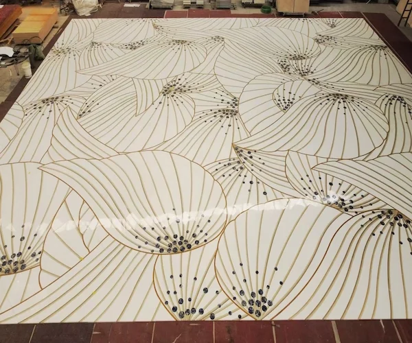 White Marble Waterjet Inlay with Blue Accents shown in a supplied factory dry-lay layout reference image
