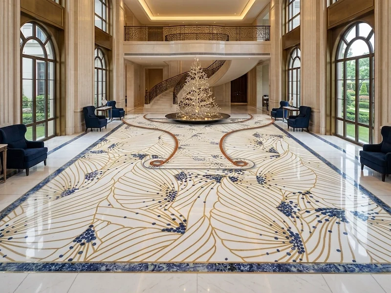 White Marble Waterjet Inlay with Blue Accents shown in a supplied architectural design visualization