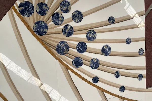 White Marble Waterjet Inlay with Blue Accents shown in a supplied pattern detail reference image