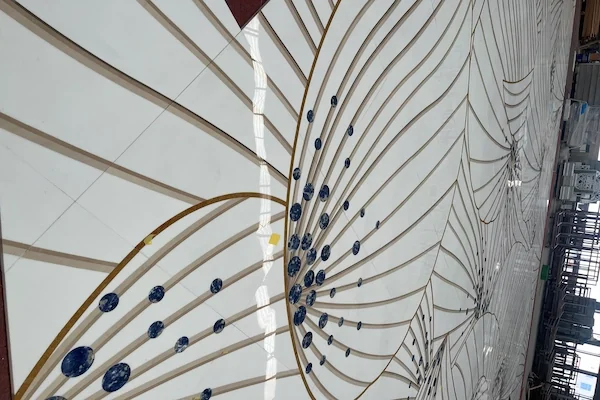 White Marble Waterjet Inlay with Blue Accents shown in a supplied dimensional layout reference image