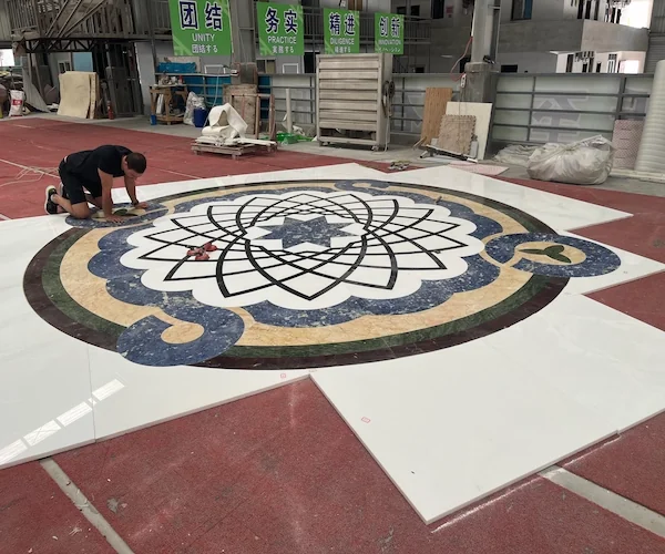White Marble Waterjet Medallion with Blue Accents shown in a supplied pattern alignment reference image