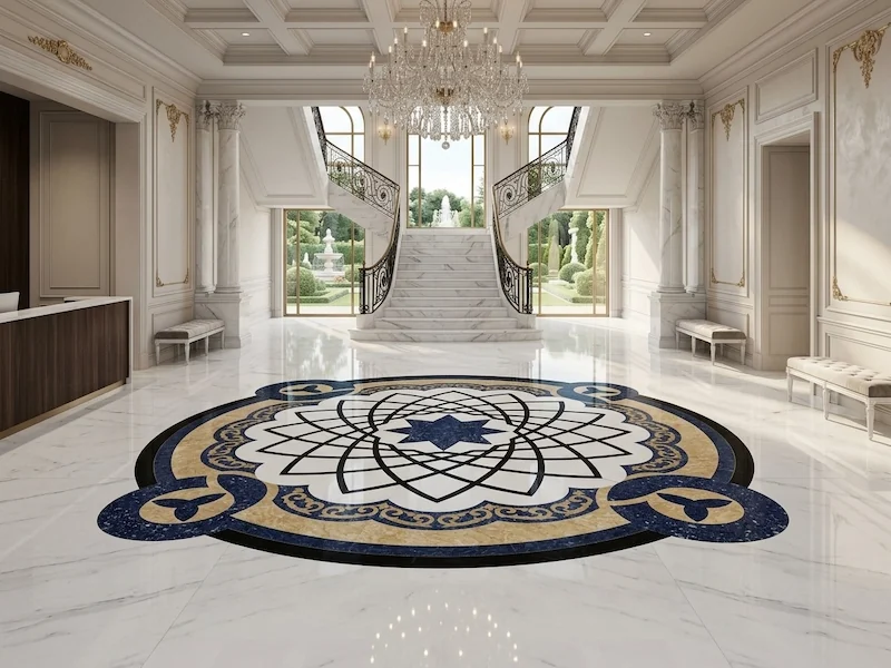 White Marble Waterjet Medallion with Blue Accents shown in a supplied architectural design visualization