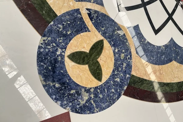 White Marble Waterjet Medallion with Blue Accents shown in a supplied pattern detail reference image