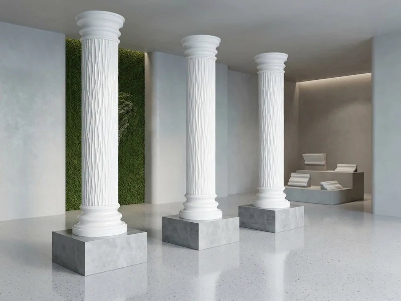 White Marble fluted classical columns with carved shafts, bases and capitals in an interior-style presentation