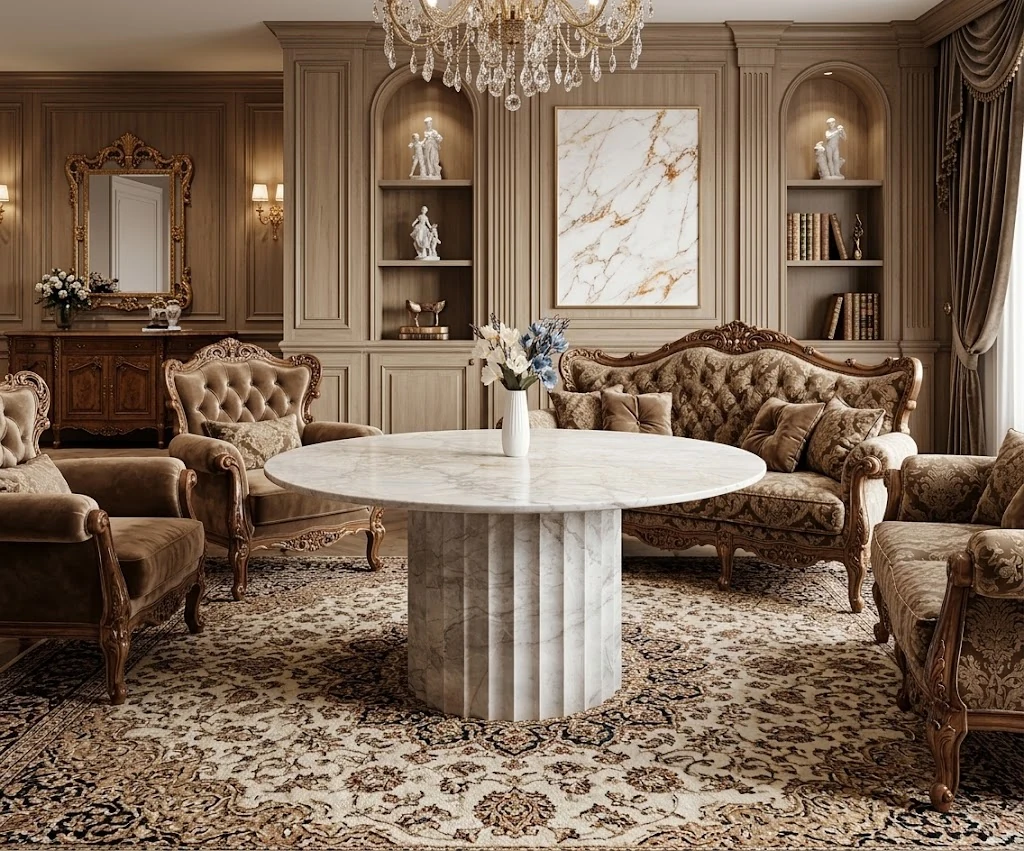3D visualization of a white marble fluted pedestal coffee table in a classic lounge concept