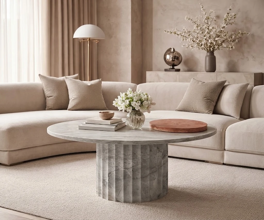 3D visualization of a white marble fluted pedestal coffee table in a contemporary interior concept