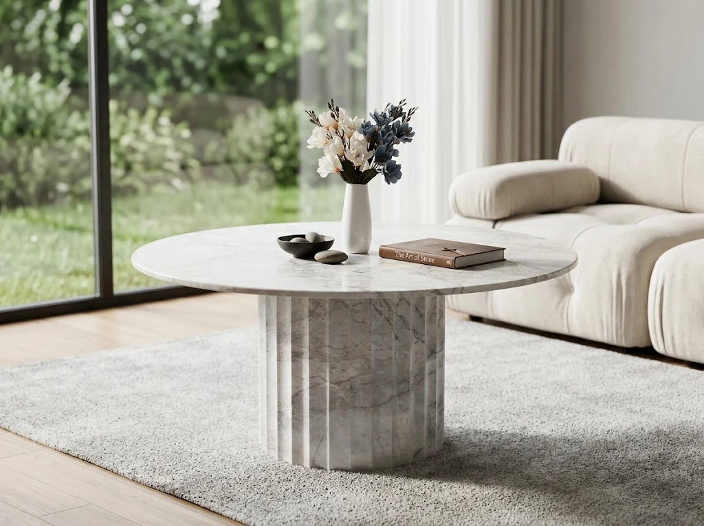 Round white marble coffee table with a vertically fluted pedestal base in a bright living room
