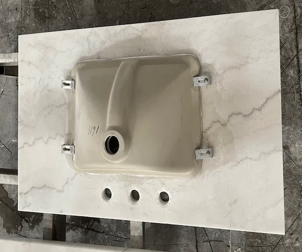 White Marble Vanity Top vanity top components shown in a supplied factory dry-lay or assembly reference image