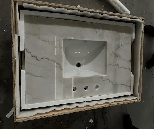 White Marble Vanity Top cut-to-size vanity top components shown in a supplied factory production or packing reference