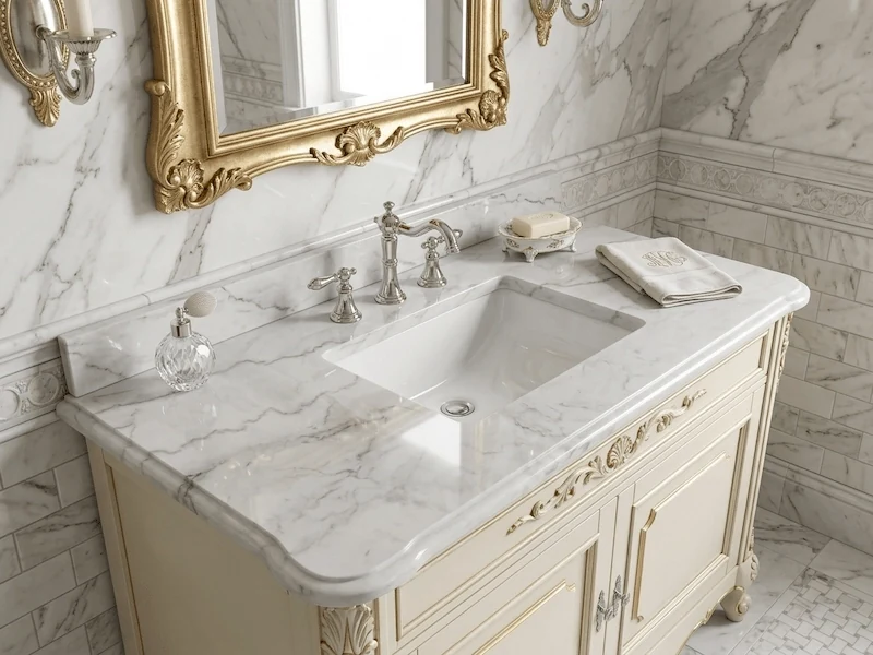 White Marble Vanity Top in a supplied bathroom vanity application image