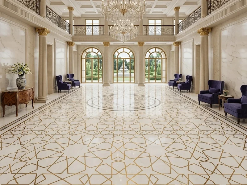White Marble Waterjet Inlay with Brass Lines shown in a supplied architectural design visualization