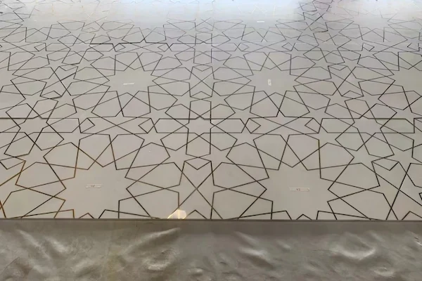 White Marble Waterjet Inlay with Brass Lines shown in a supplied dimensional layout reference image