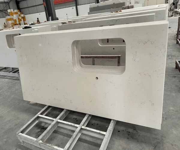 White Quartz Kitchen Top sink and faucet cut-out layout shown as a supplied fabrication reference