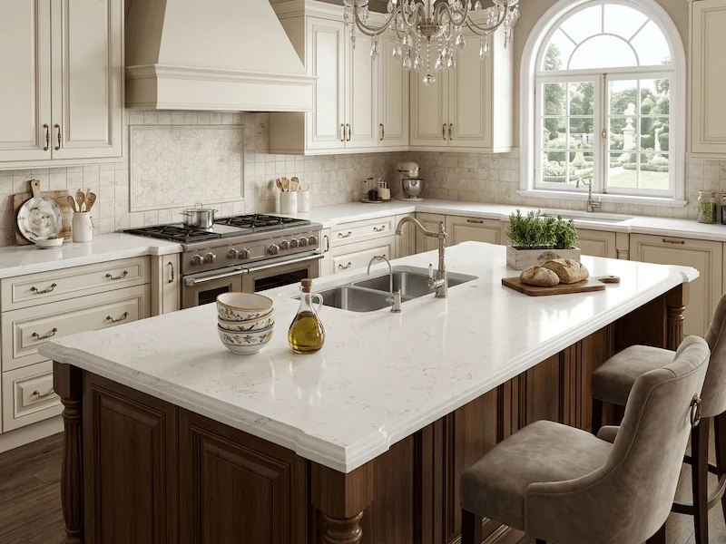 White Quartz Kitchen Top in a supplied kitchen application image, showing a bright white engineered quartz surface with a clean uniform appearance