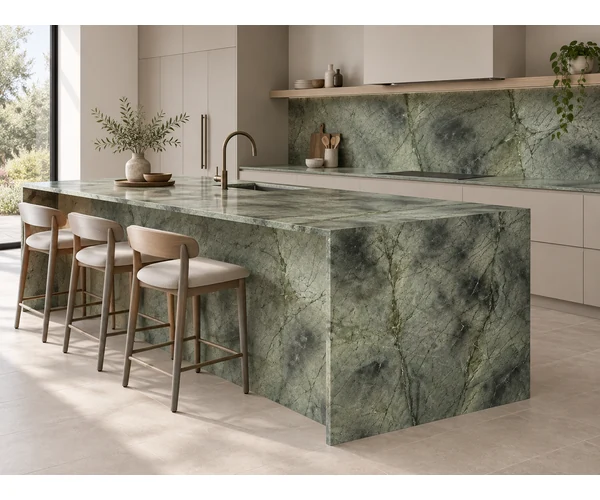 3D visualization of an olive-green quartzite waterfall island in a calm contemporary kitchen